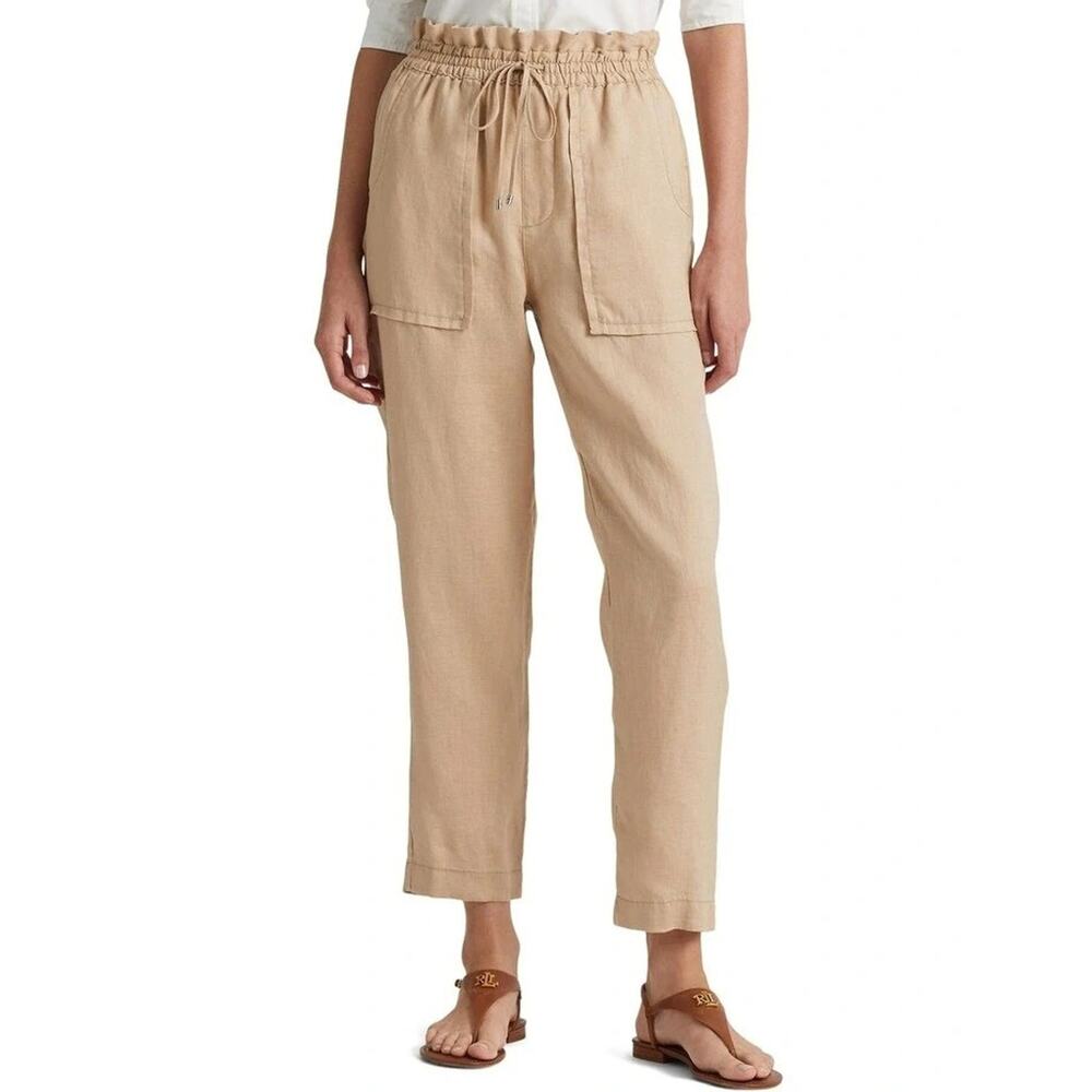 Lauren Ralph Lauren Womens Linen Ankle Pants Birch Tan Sz 14 High Rise Straight